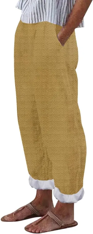 Cropped Linen Pants for Women Casual Straight Leg Elastic Waist Pants Printed Beach Summer Trousers with Pockets