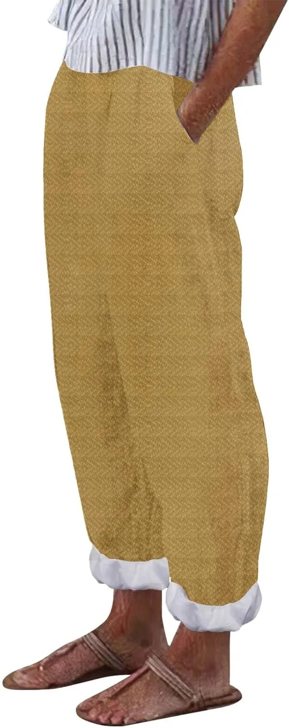 Cropped Linen Pants for Women Casual Straight Leg Elastic Waist Pants Printed Beach Summer Trousers with Pockets