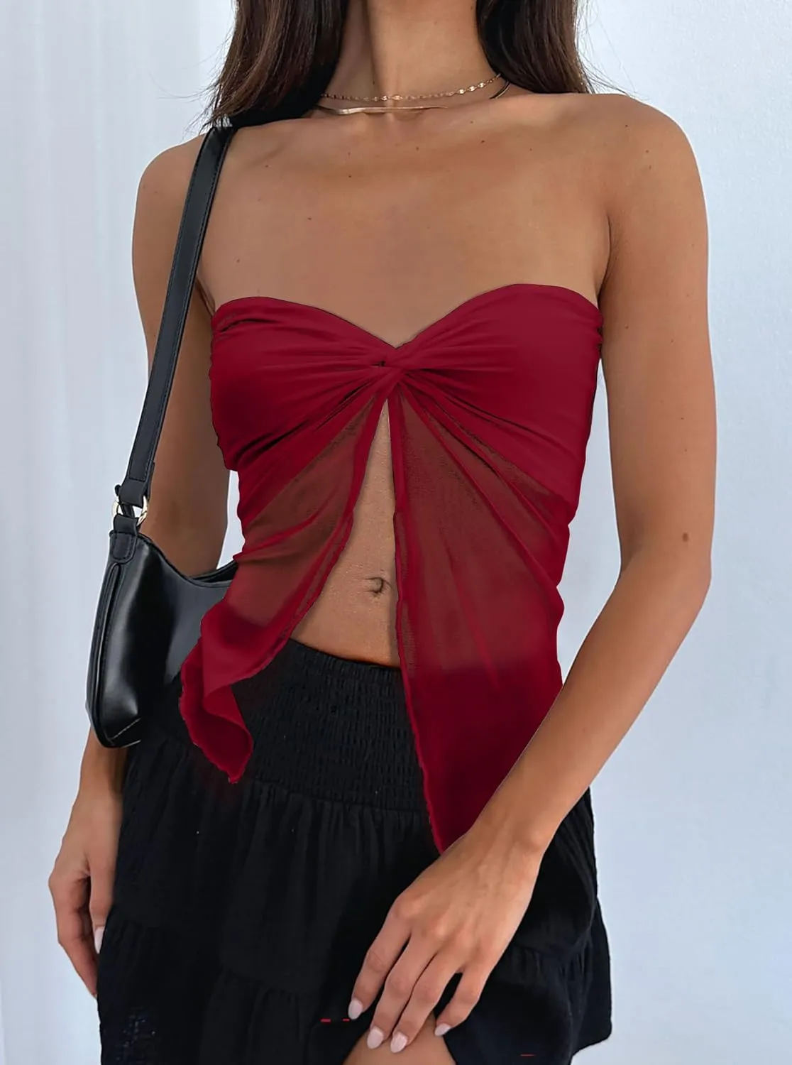 CSDAJIO Women's Sheer Mesh Twist Split Front Asymmetrical Tube Top Strapless Bandeau Crop Top Backless Shirt