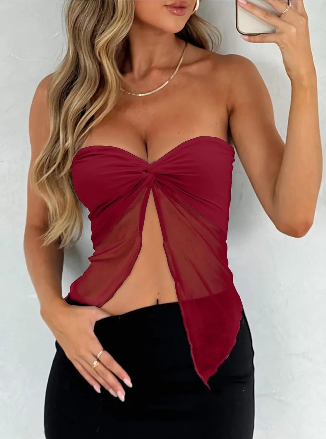 CSDAJIO Women's Sheer Mesh Twist Split Front Asymmetrical Tube Top Strapless Bandeau Crop Top Backless Shirt