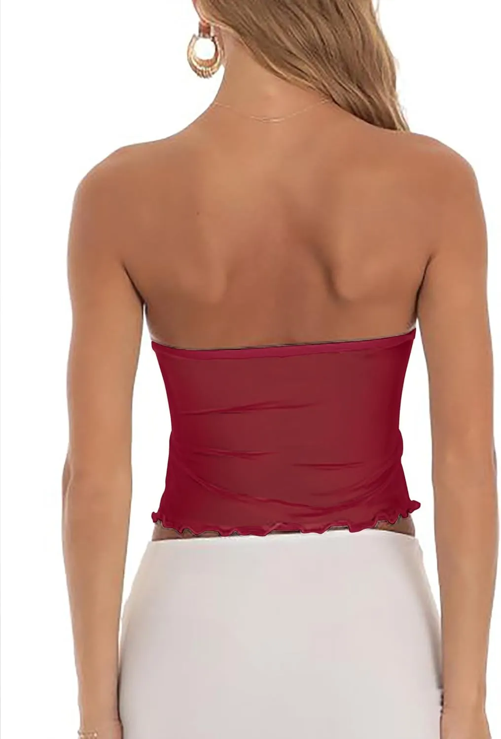 CSDAJIO Women's Sheer Mesh Twist Split Front Asymmetrical Tube Top Strapless Bandeau Crop Top Backless Shirt