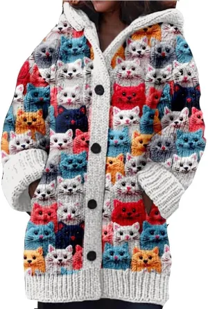 Cute Cat Pattern Knit Hooded Cardigan Cat Sweaters for Women Hooded Cardigan for Women Cat Lover Gift