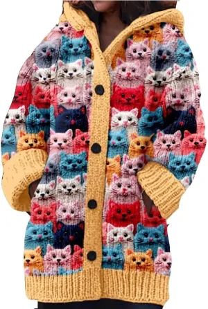 Cute Cat Pattern Knit Hooded Cardigan Cat Sweaters for Women Hooded Cardigan for Women Cat Lover Gift