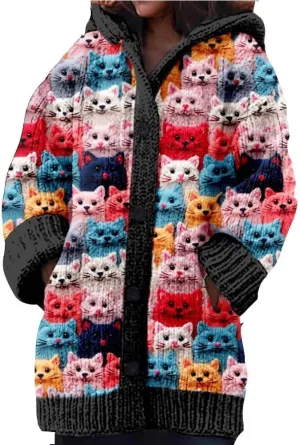 Cute Cat Pattern Knit Hooded Cardigan Cat Sweaters for Women Hooded Cardigan for Women Cat Lover Gift