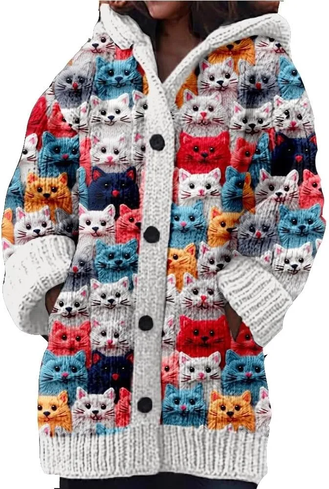 Cute Cat Pattern Knit Hooded Cardigan Cat Sweaters for Women Hooded Cardigan for Women Cat Lover Gift