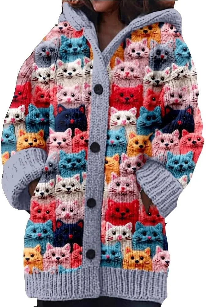 Cute Cat Pattern Knit Hooded Cardigan Cat Sweaters for Women Hooded Cardigan for Women Cat Lover Gift