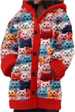 Cute Cat Pattern Knit Hooded Cardigan Cat Sweaters for Women Hooded Cardigan for Women Cat Lover Gift