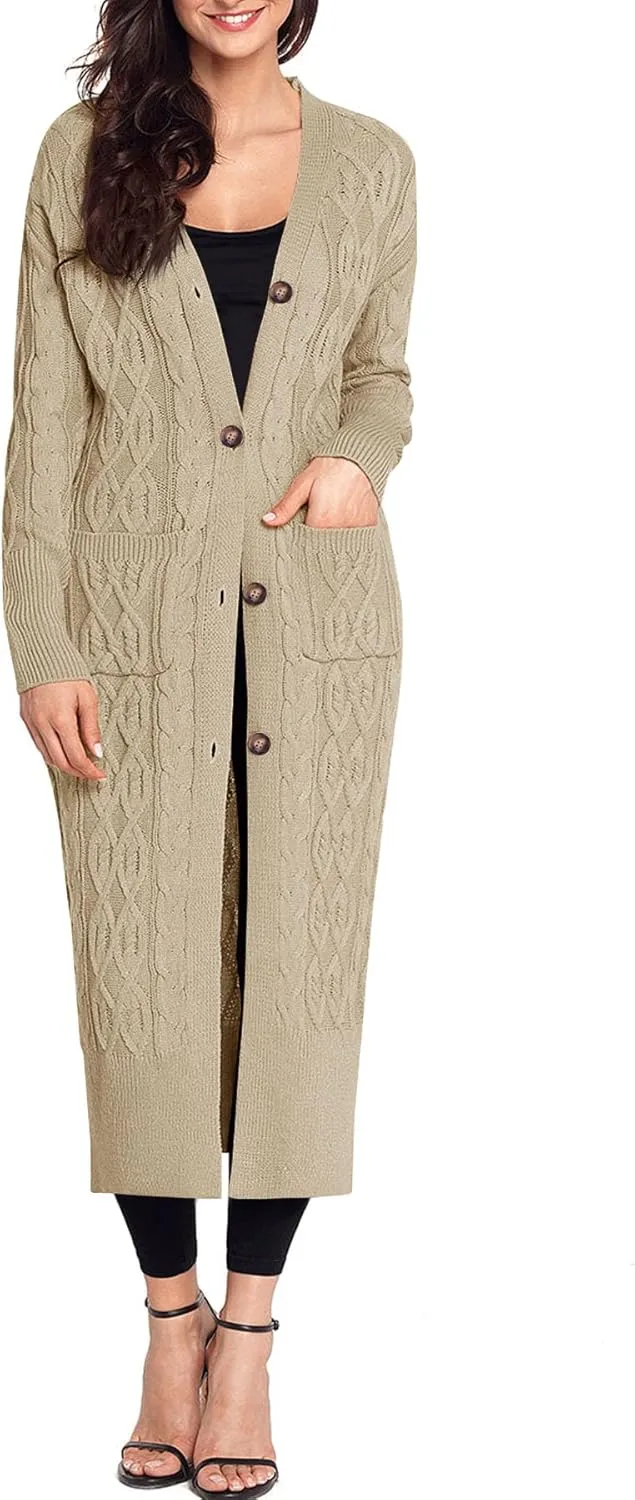 Danedvi Women's Long Cardigans Long Sleeve Cable Knit Button Down Open Front Chunky Knit Sweaters Coats with Pockets