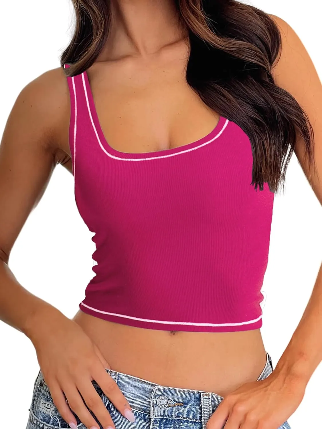Danysu Women Rib Tank Top Padded Workout Top Square Neck Crop Tank Fitted Basic Cami Tops