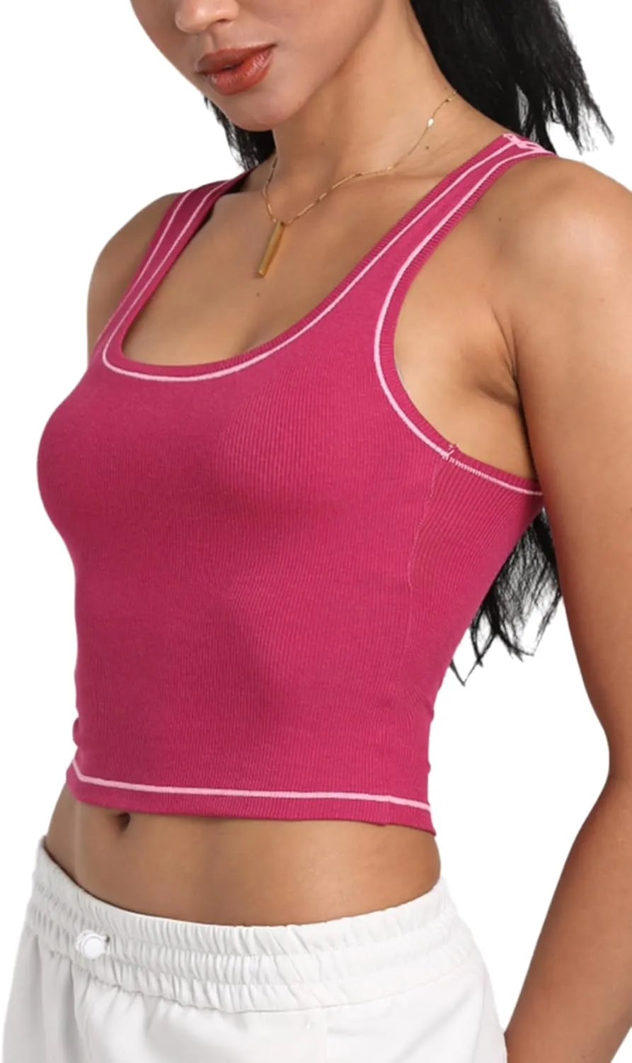 Danysu Women Rib Tank Top Padded Workout Top Square Neck Crop Tank Fitted Basic Cami Tops