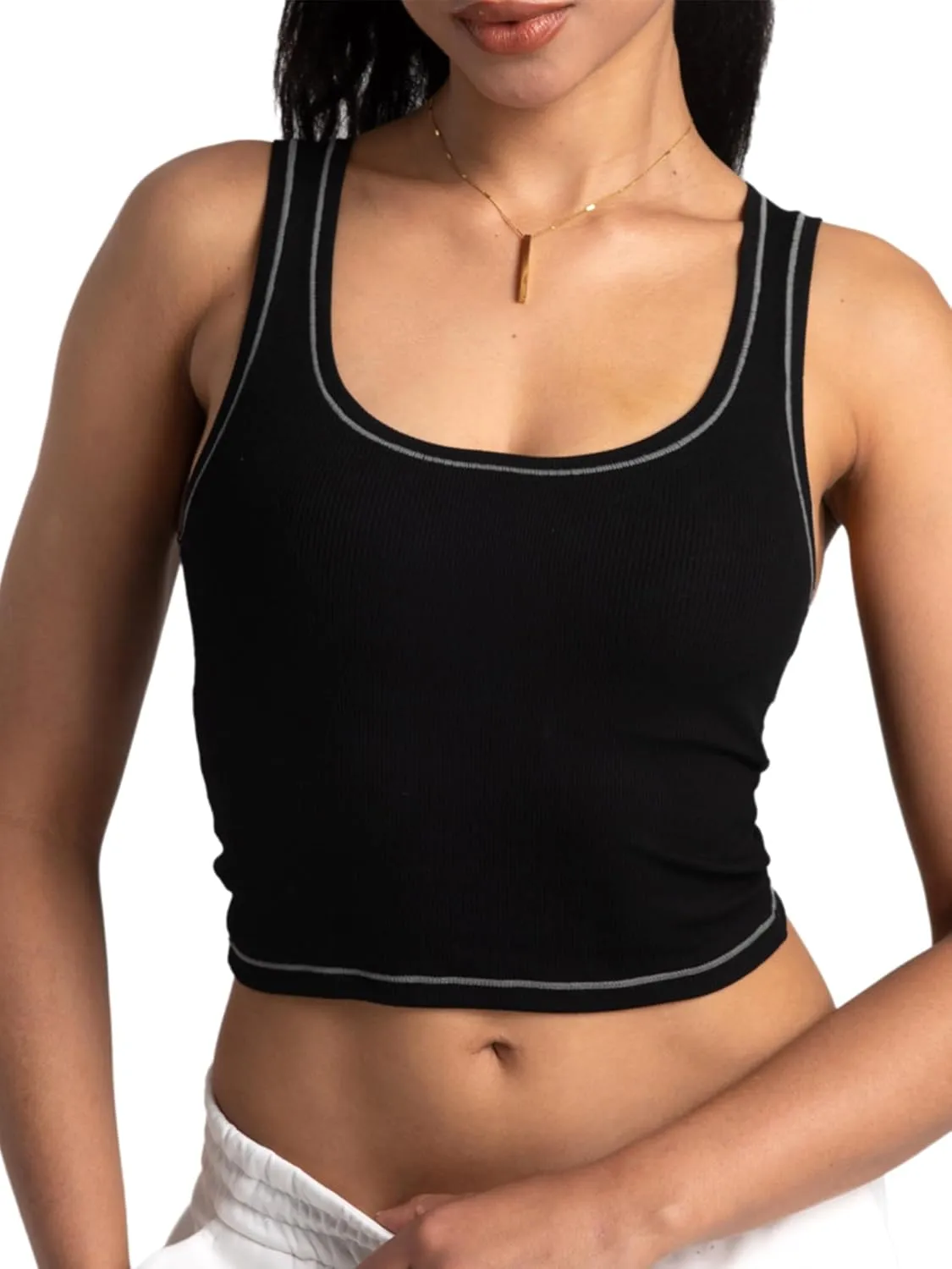 Danysu Women Rib Tank Top Padded Workout Top Square Neck Crop Tank Fitted Basic Cami Tops