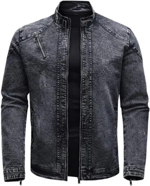 Dninmim Men's Solid Long Sleeves Denim Jacket Vintage Warm Slim Stand Collar Coats