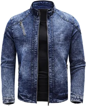 Dninmim Men's Solid Long Sleeves Denim Jacket Vintage Warm Slim Stand Collar Coats