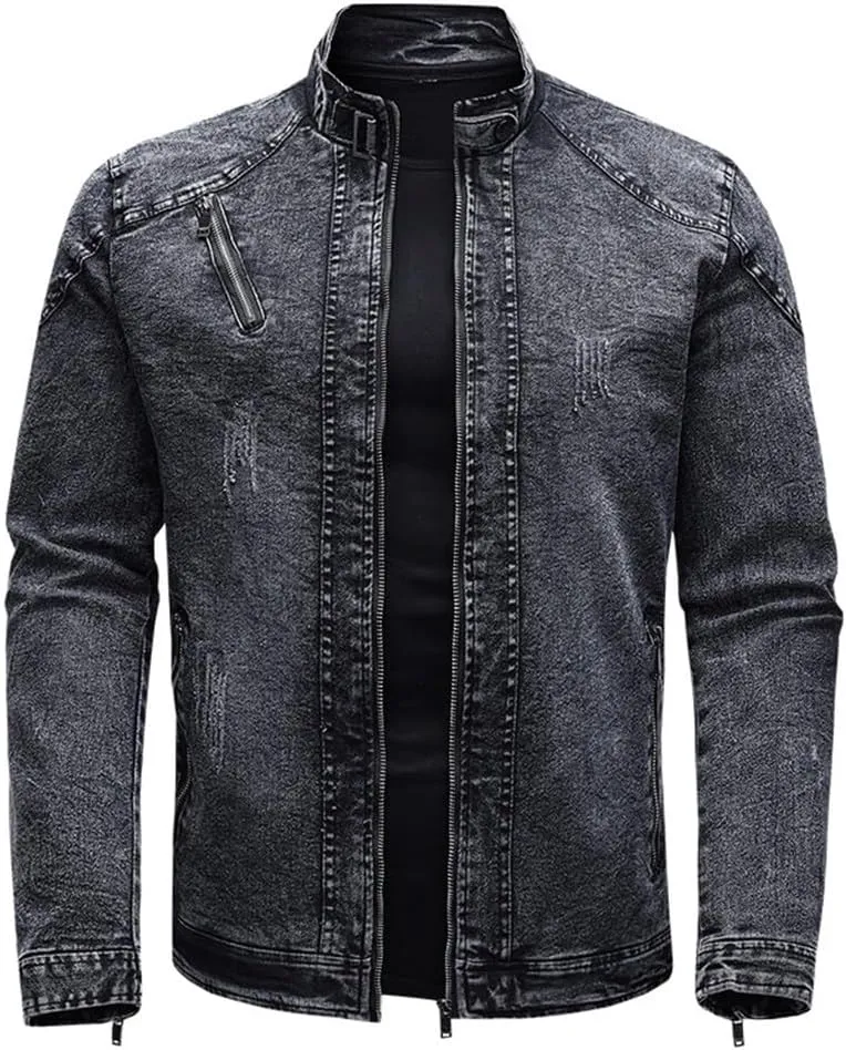 Dninmim Men's Solid Long Sleeves Denim Jacket Vintage Warm Slim Stand Collar Coats