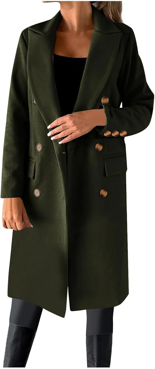 Double Breasted Peacoat for Women Winter Trendy Elegant Notched Lapel Wool Blend Trench Coat Knee Length Long Coat