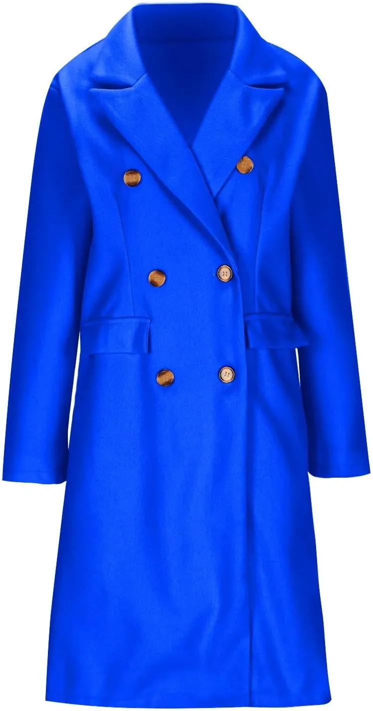 Double Breasted Peacoat for Women Winter Trendy Elegant Notched Lapel Wool Blend Trench Coat Knee Length Long Coat