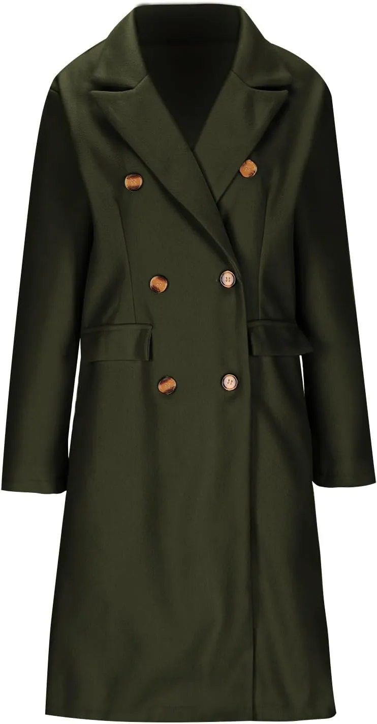 Double Breasted Peacoat for Women Winter Trendy Elegant Notched Lapel Wool Blend Trench Coat Knee Length Long Coat