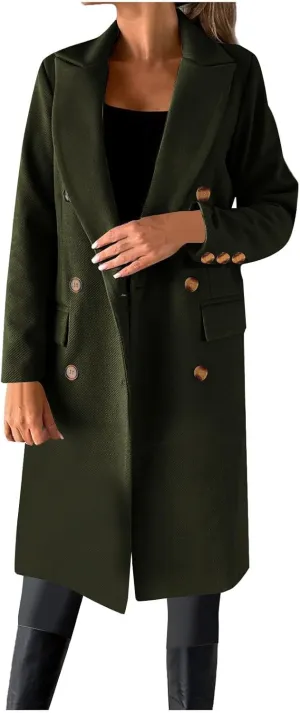 Double Breasted Peacoat for Women Winter Trendy Elegant Notched Lapel Wool Blend Trench Coat Knee Length Long Coat