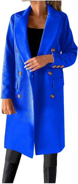 Double Breasted Peacoat for Women Winter Trendy Elegant Notched Lapel Wool Blend Trench Coat Knee Length Long Coat