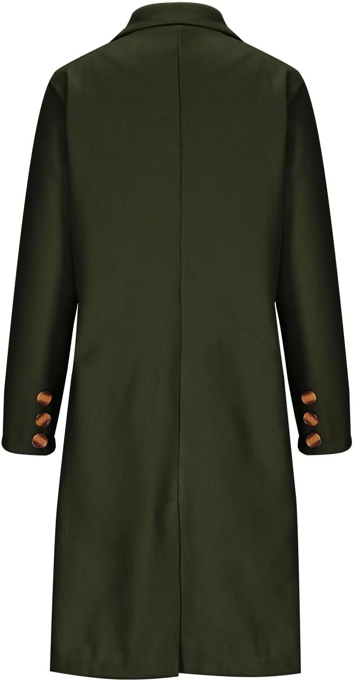 Double Breasted Peacoat for Women Winter Trendy Elegant Notched Lapel Wool Blend Trench Coat Knee Length Long Coat