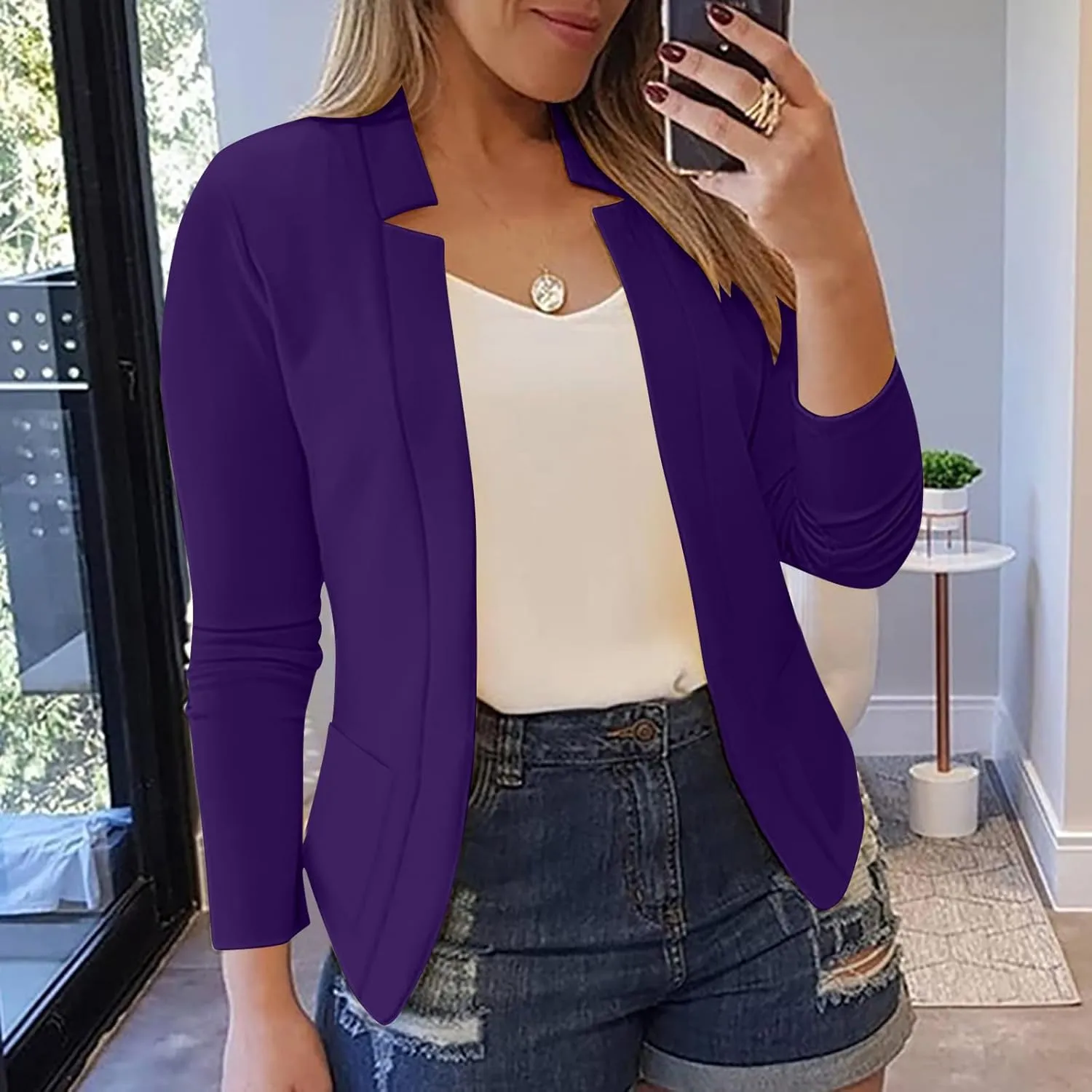 Dressy Open Front Blazer Jackets Notched Collar Long Sleeve Open Front Work Office Business Blazers with Pockets