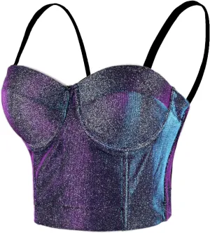 ELLACCI Women's Shiny Bustier Crop Top Sexy Prom Corset Top Bra Gradient Purple