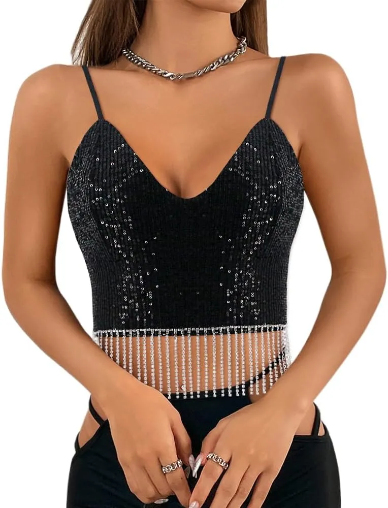 Erinaco Women's Rhinestone Diamond Tank Top Color Beaded Sling Tube Top Bustier Vest Crop Top Sexy Corset Bra Summer