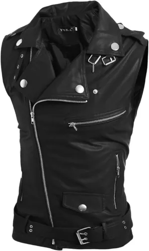 ERTG Mens Zip Jacket Men'S Leather Vest Korean Version Slim Fit Multi Zip Lapel Short Leather Coat Work Coats For Men Big And (Black, Xxl) Zipper Sweatshirt No Hood