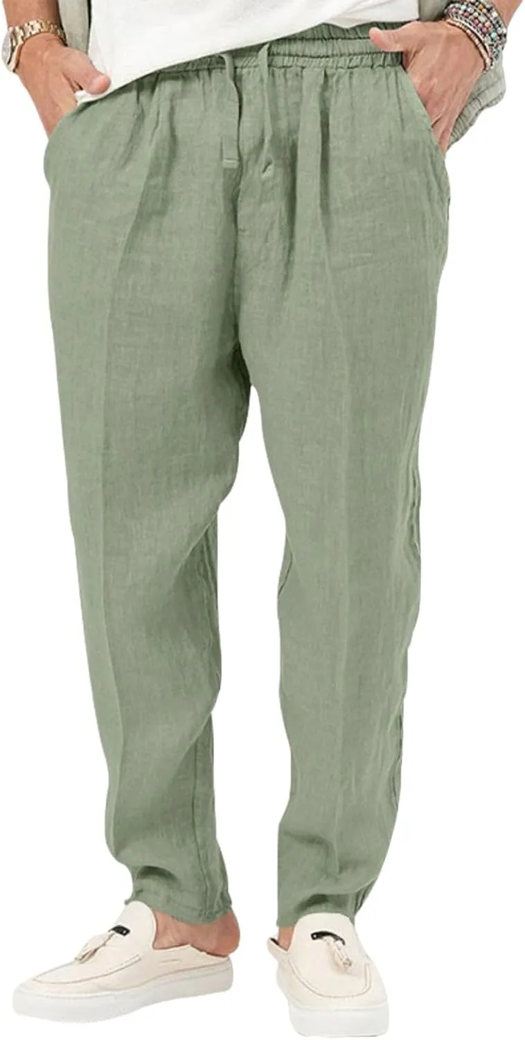 evzosrz Mens Casual Linen Cotton Pants Jogging Lightweight Elastic Waist Drawstring Trousers Yoga Beach Sweatpants Pockets