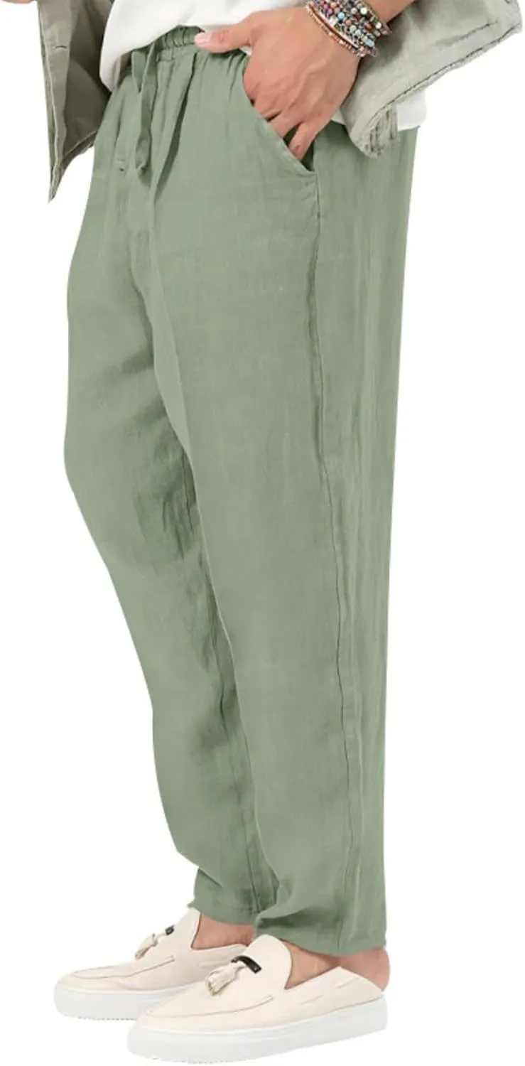 evzosrz Mens Casual Linen Cotton Pants Jogging Lightweight Elastic Waist Drawstring Trousers Yoga Beach Sweatpants Pockets