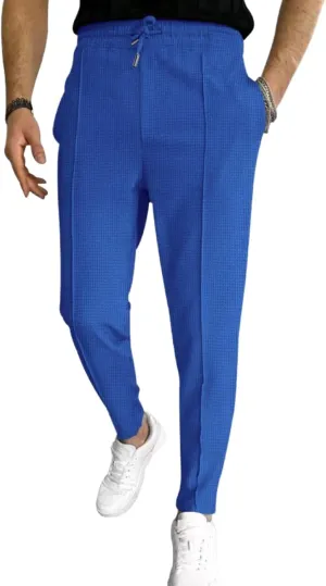 evzosrz Mens Casual Waffle Pants Pleated Front Slim Fit Straight Tapered Jogger Trousers Drawstring Workout Lounge Sweatpant