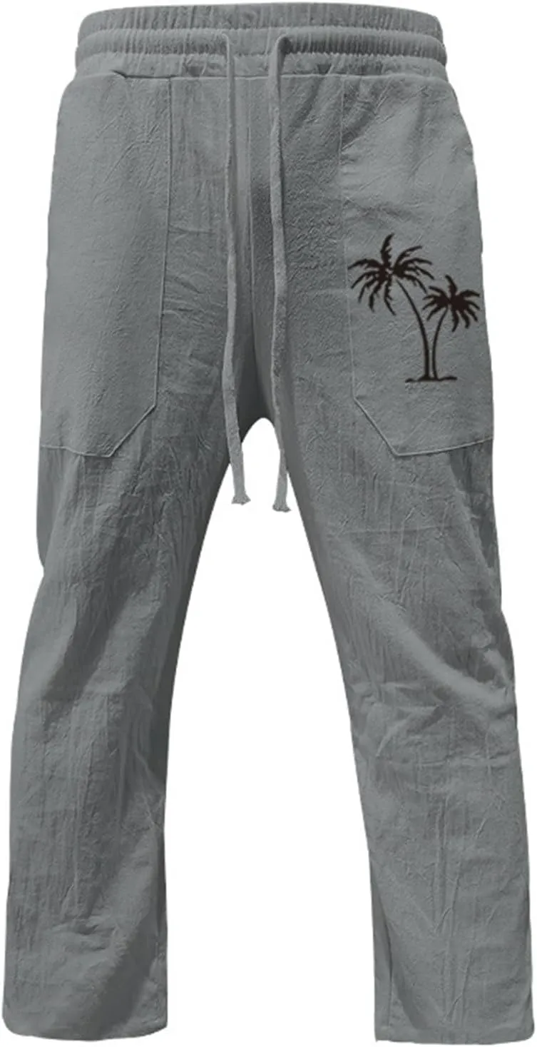 evzosrz Mens Cotton Linen Pants Casual Straight Trendy Print Baggy Sweatpants Loose Fit High Waist Summer Beach Jogger Slacks