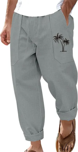 evzosrz Mens Cotton Linen Pants Casual Straight Trendy Print Baggy Sweatpants Loose Fit High Waist Summer Beach Jogger Slacks