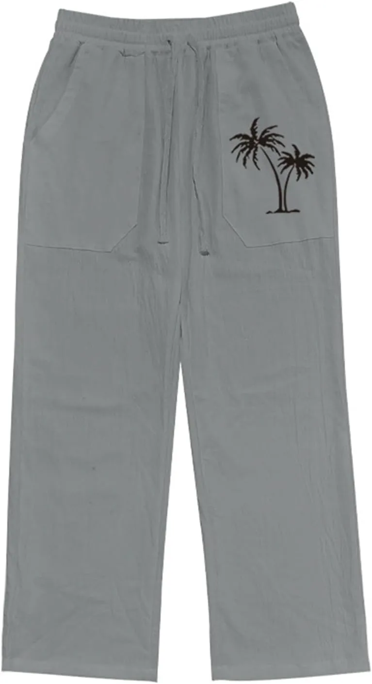 evzosrz Mens Cotton Linen Pants Casual Straight Trendy Print Baggy Sweatpants Loose Fit High Waist Summer Beach Jogger Slacks