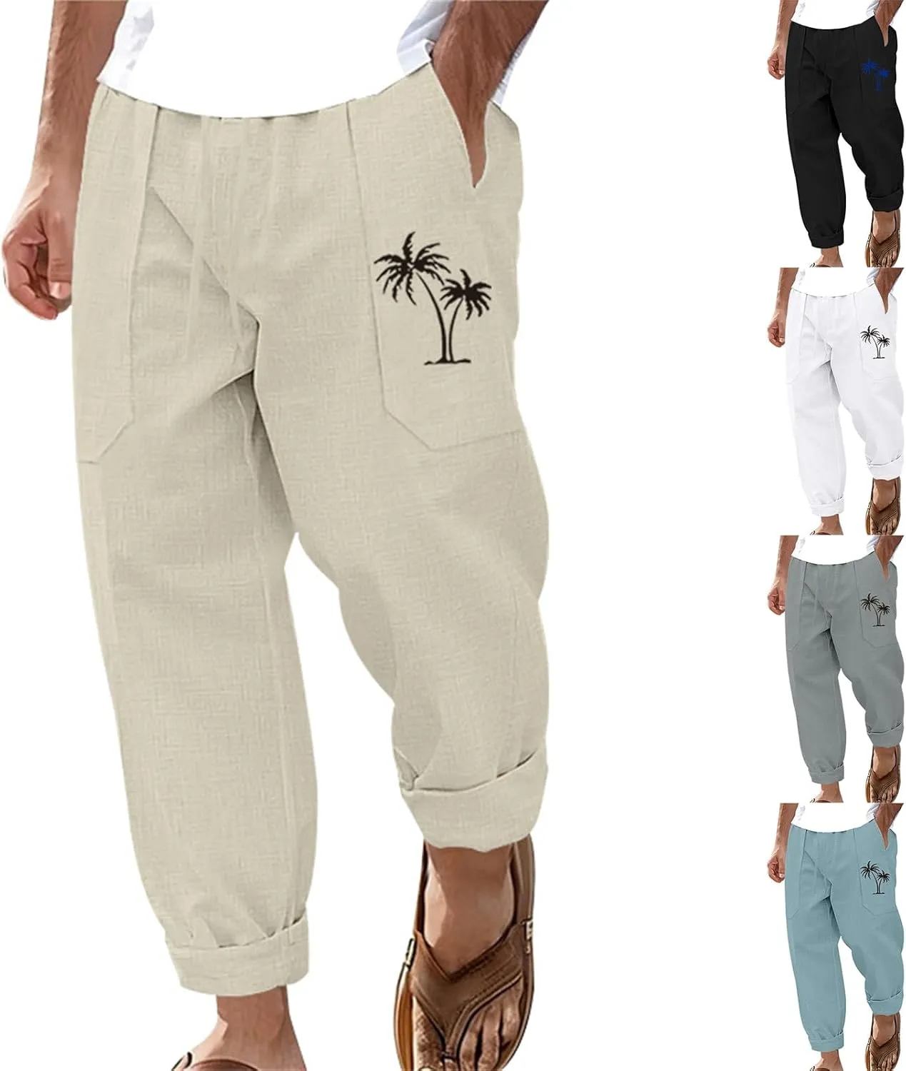evzosrz Mens Cotton Linen Pants Casual Straight Trendy Print Baggy Sweatpants Loose Fit High Waist Summer Beach Jogger Slacks
