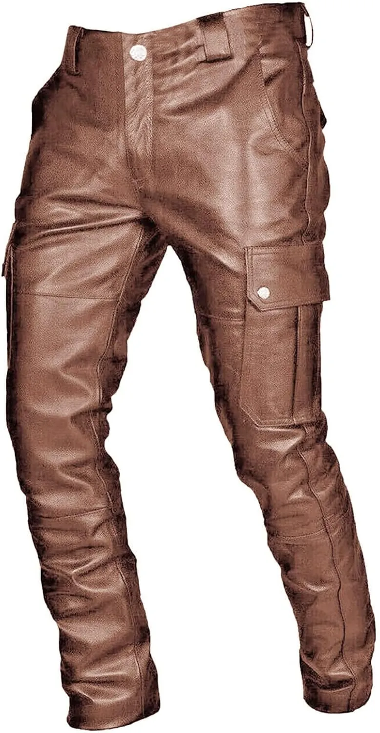 evzosrz Men's Faux Leather Pants Motorcycle Slim Fit Goth Steampunk Pants Sports Street Fall Winter Fashion Trousers