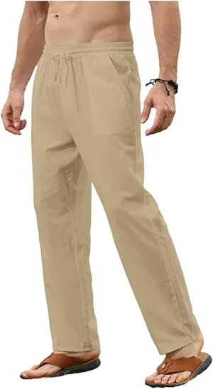 evzosrz Mens Linen Cotton Pants Casual Slim Fit Joggers Athletic Workout Solid Elastic Trousers Fall Beach Vacation Pant