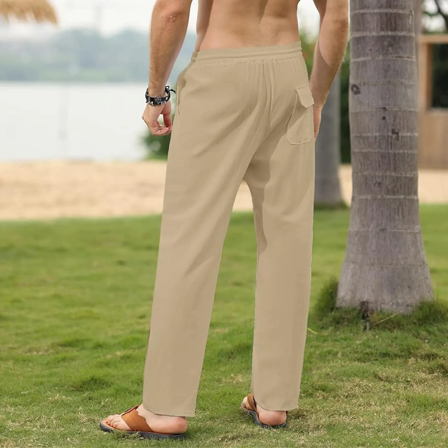 evzosrz Mens Linen Cotton Pants Casual Slim Fit Joggers Athletic Workout Solid Elastic Trousers Fall Beach Vacation Pant