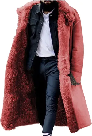 evzosrz Mens Sherpa Lined Long Jackets Faux Leather Shearling Fur Collar Jacket Trench Coats Sheepskin Fleece Winter Coat