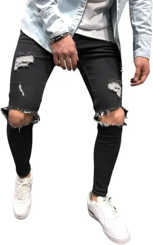 evzosrz Mens Skinny Stretch Denim Pants Slim Fit Ripped Tapered Jeans Distressed Destroyed Ripped Freyed Holes Skinny Trouser