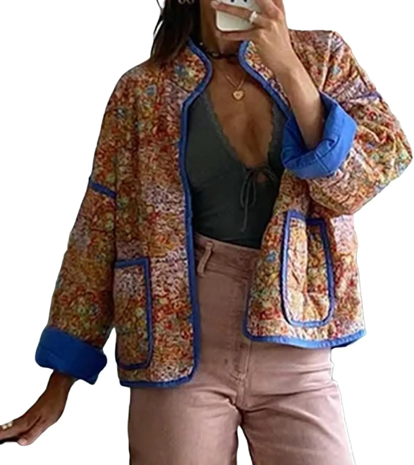 Faretumiya Women Open Front Puffer Jacket Vinatge Floral Crop Quilted Cardigan Y2k Patchwork Padded Coat Streetwear