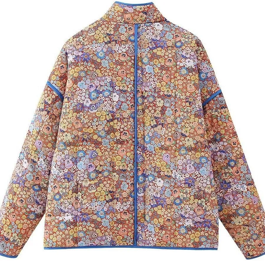 Faretumiya Women Open Front Puffer Jacket Vinatge Floral Crop Quilted Cardigan Y2k Patchwork Padded Coat Streetwear