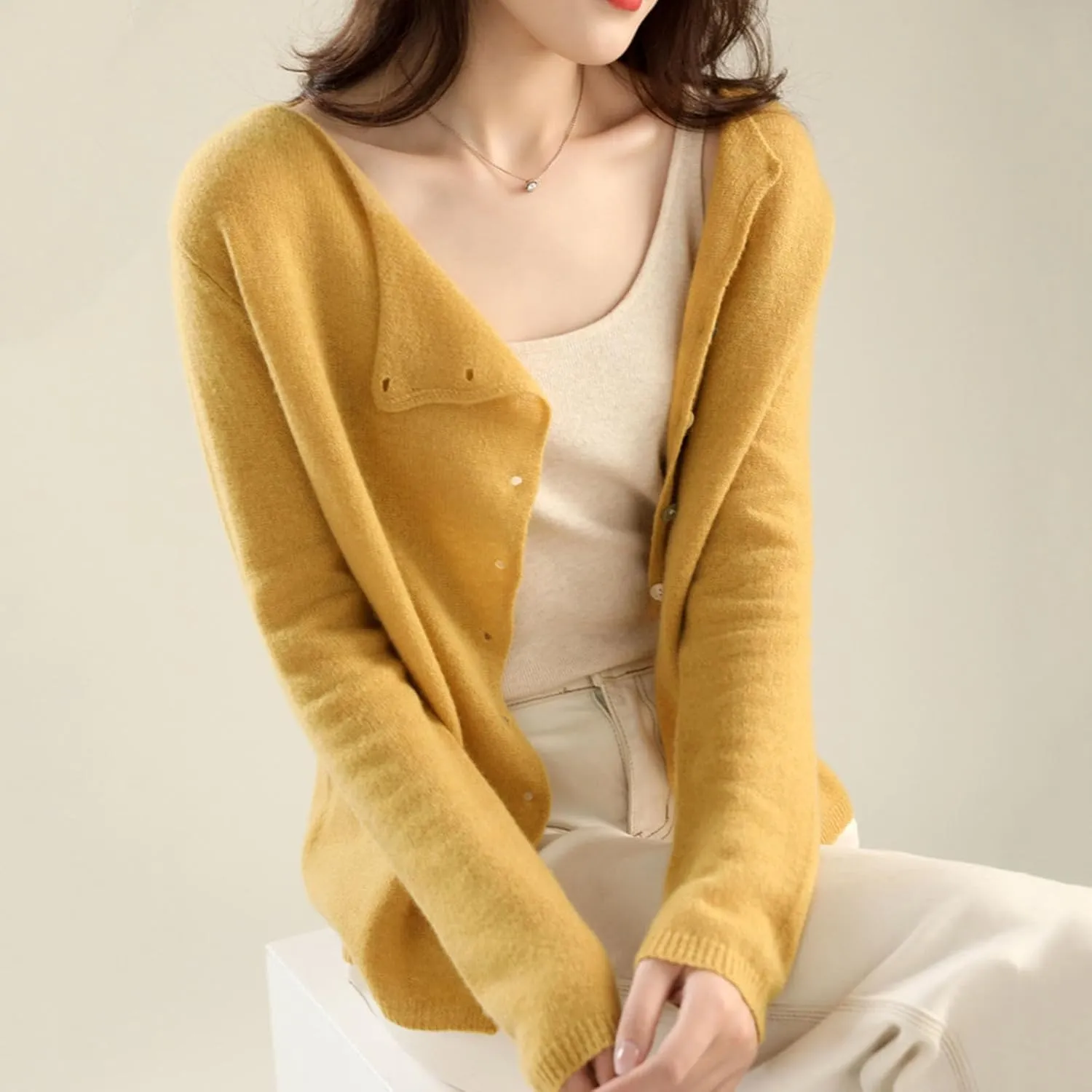 Faux Cashmere Cardigan Sweaters for Women, Open Front Cropped Cardigan Sweater, Long Sleeve Crewneck Knit Cardigan