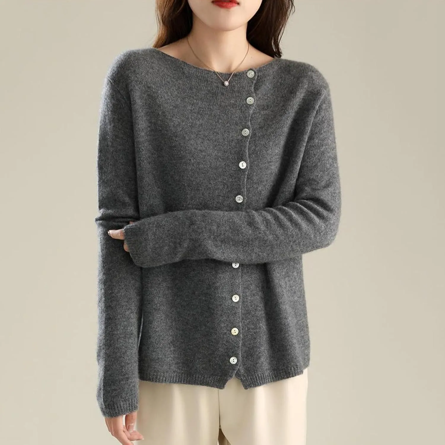 Faux Cashmere Cardigan Sweaters for Women, Open Front Cropped Cardigan Sweater, Long Sleeve Crewneck Knit Cardigan