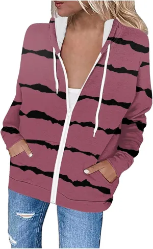 Flannel Jacket Women Oversized Striped Zipper Tops Long Sleeve Full Zip Cardigan Hooded Winter Coat with Pockets