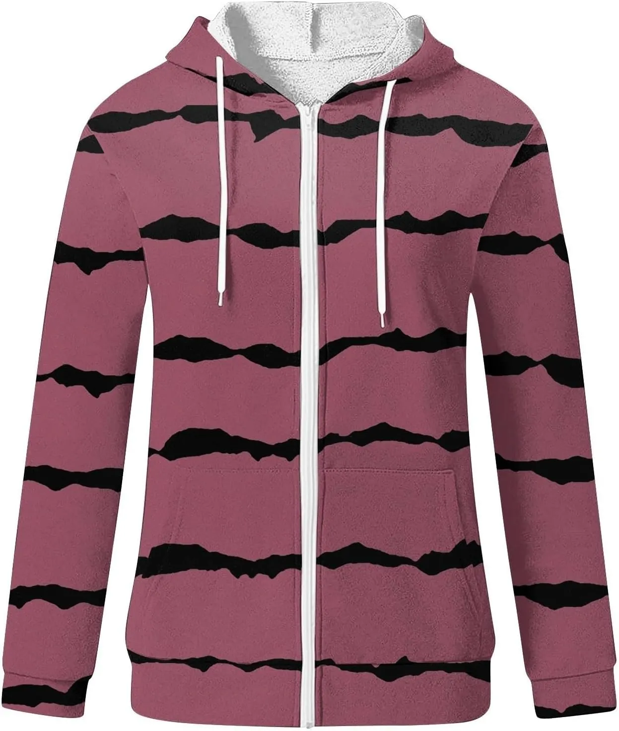 Flannel Jacket Women Oversized Striped Zipper Tops Long Sleeve Full Zip Cardigan Hooded Winter Coat with Pockets