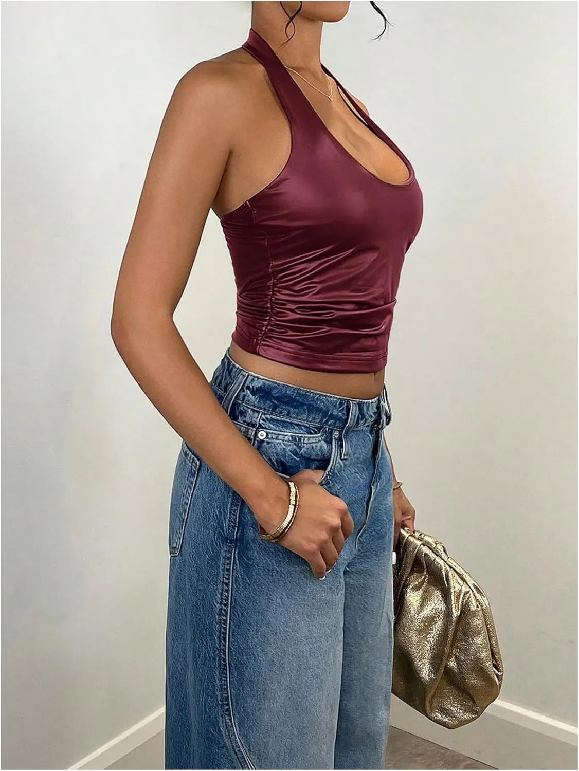 Floerns Women's PU Leather Sleeveless Scoop Neck Halter Top Ruched Slim Fit Vest Top