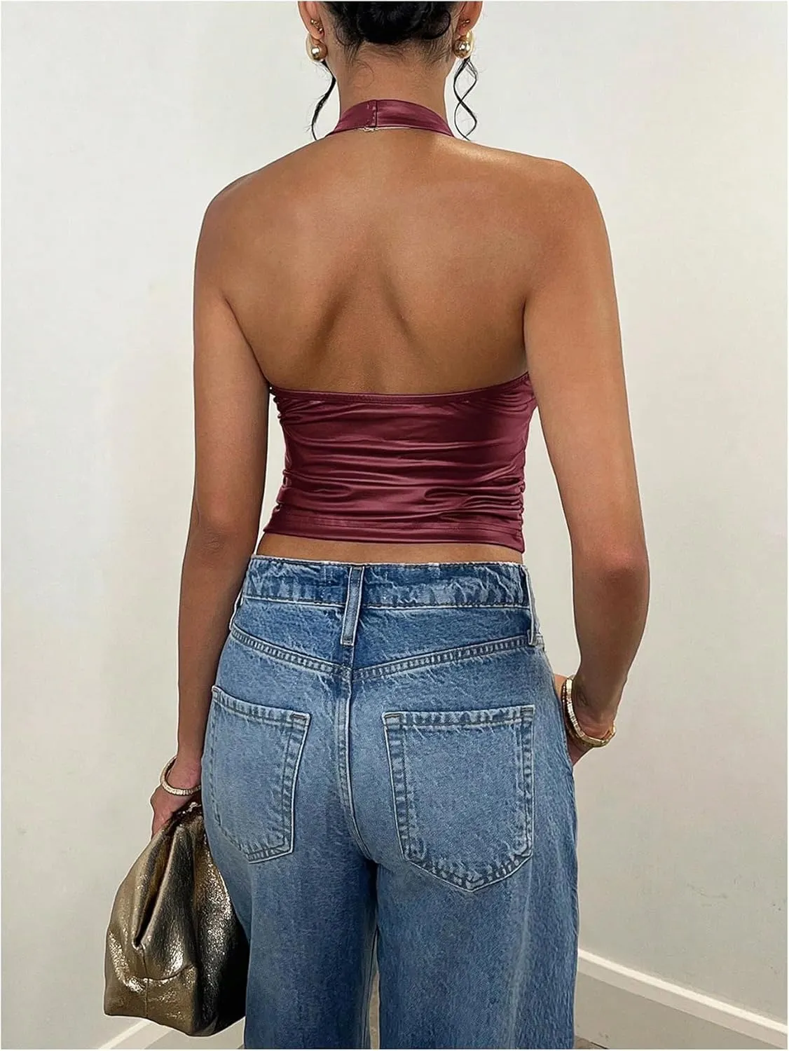 Floerns Women's PU Leather Sleeveless Scoop Neck Halter Top Ruched Slim Fit Vest Top