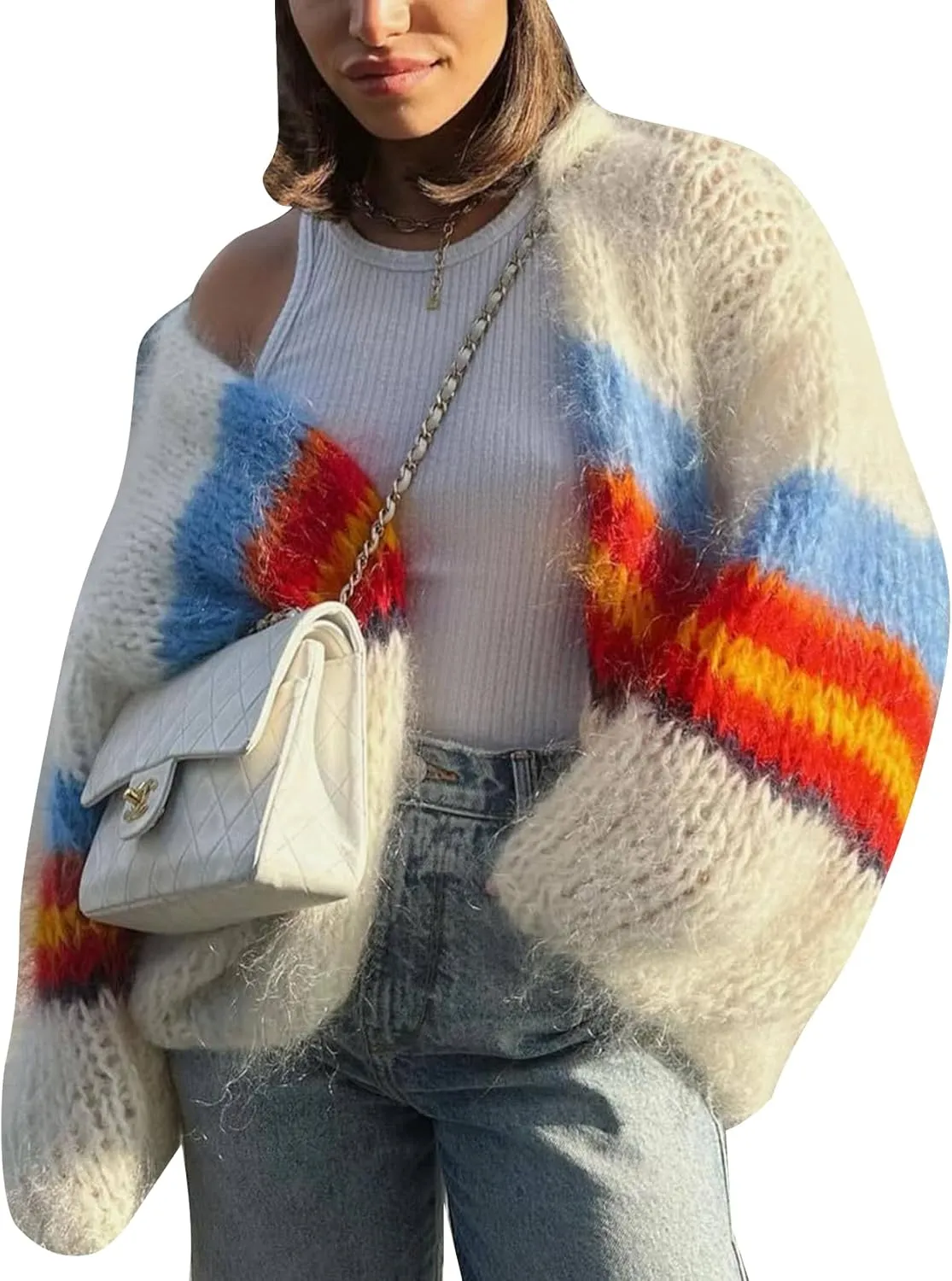 Flygo Fall Cardigans for Women 2024 Color Block Striped Cardigan Sweater Lightweight Open Front Cardigan Sweaters Tops
