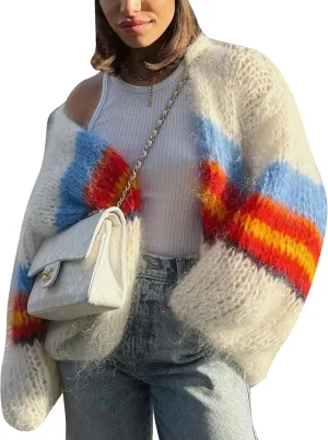 Flygo Fall Cardigans for Women 2024 Color Block Striped Cardigan Sweater Lightweight Open Front Cardigan Sweaters Tops